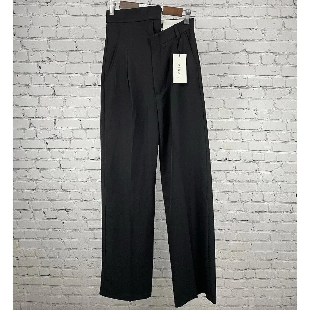 NWT Piral Black High Rise Asymmetric Zipper Wide Leg Pants Size Small (26x34)